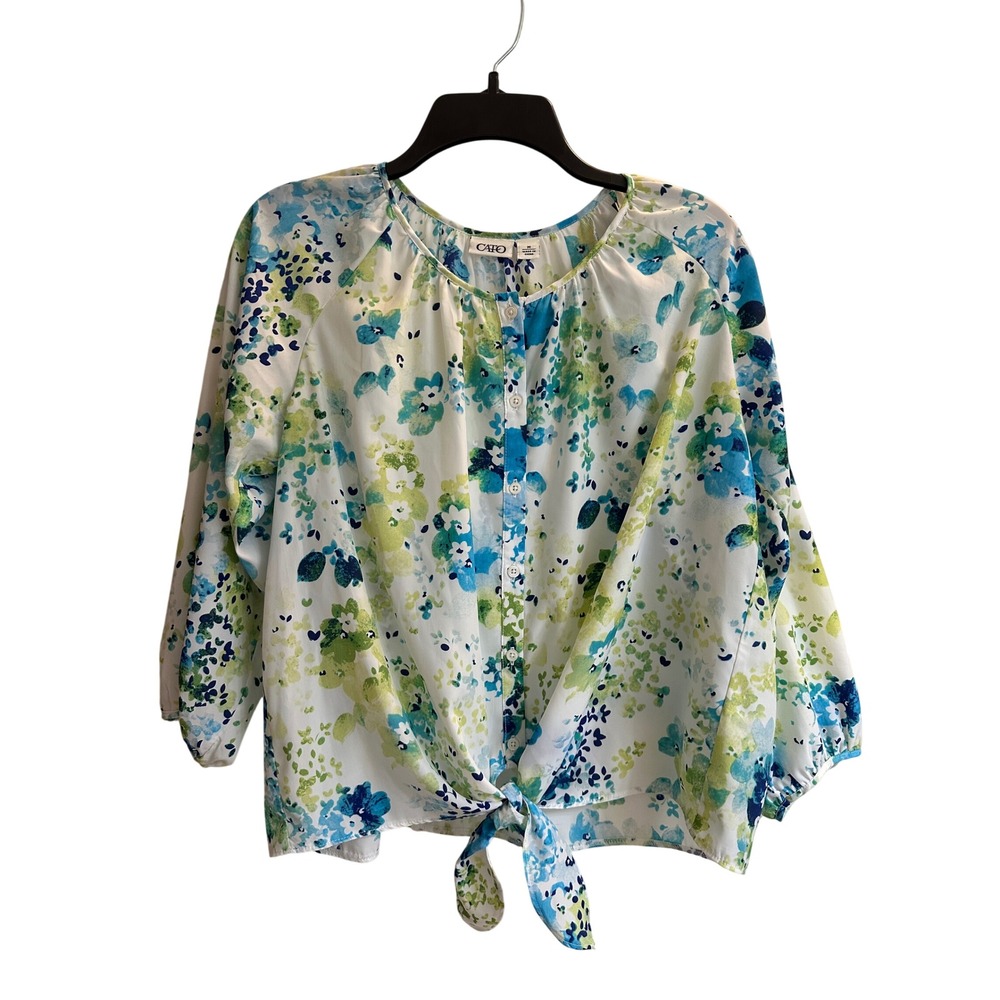 Cato Womens Floral Button Front Tie Hem Blouse Blue Green 3/4 Sleeve Size M